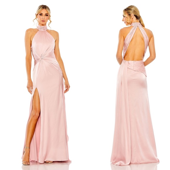 NEW Ieena MAC DUGGAL Pink SATIN Halter SIDE RUCHED Draped SLIT Evening GOWN 2